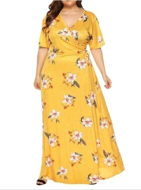 Shein Womens Sz 4XL Plunge Full Wrap Yellow Floral Maxi Dress Summer Casual